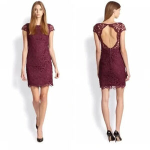 Alice + Olivia Designer Burgundy Lace Cutout Sheath Mini Dress Size 2